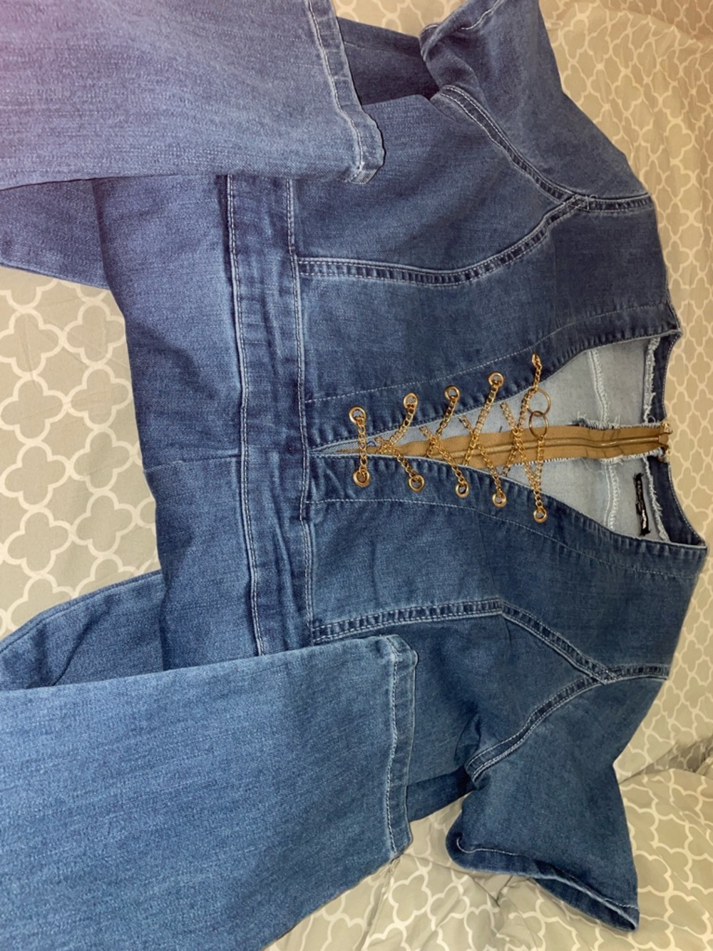 Fashion Nova Dark Blue Lace-Up Denim Overalls with Gold Chain - Picture 3 of 4
